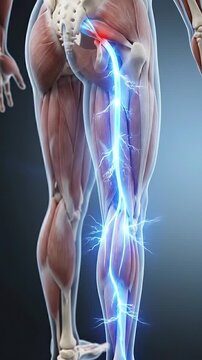 Sciatica sciatic nerve pain radiating along spine anatomy pelvis hip and leg, medical illustration showing inflamed nerve pathway causing discomfort through thigh and calf muscles
