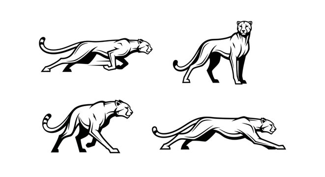 Four dynamic panther illustrations showcasing strength and agility in monochrome.