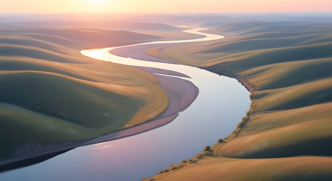 Golden Sunset River Bend Over Rolling Hills
