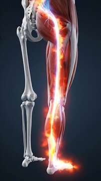 Sciatica sciatic nerve pain radiating down leg from spine through pelvis to foot muscle anatomy, inflamed nerve pathway and lower back hip spine anatomy illustration for medical education