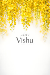 Obraz na płótnie Canvas Elegant white background featuring happy vishu text and hanging yellow cassia fistula flowers representing the traditional celebration of the malayalam new year and hindu festivals