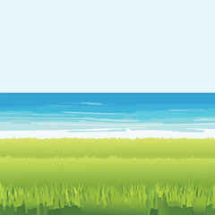 Obraz premium Vibrant illustration of a green field blue ocean and clear sky environment