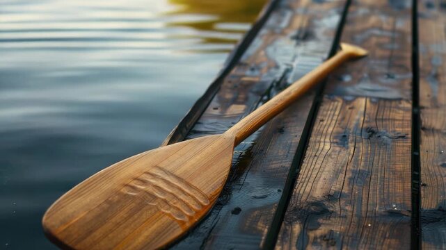Wooden oar rests on wet dock by calm waters