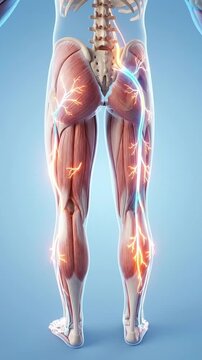 Sciatica sciatic nerve pain radiating leg pain anatomy medical illustration human body nervous system inflamed nerve pathway from lower back through hip and down leg clinical anatomy concept
