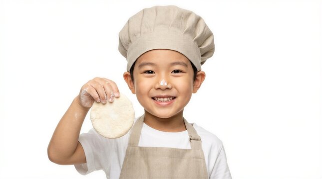 Cute little boy wearing a chef hat and apron holding dough, kids roleplay and future career concept