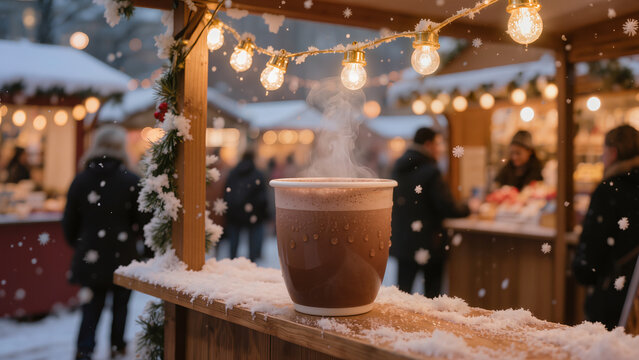 Warm drink sits on a wooden counter at a winter market as people shop around while snow falls Generative AI