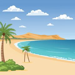 Obraz premium Cartoon beach landscape with palm trees ocean waves and blue sky