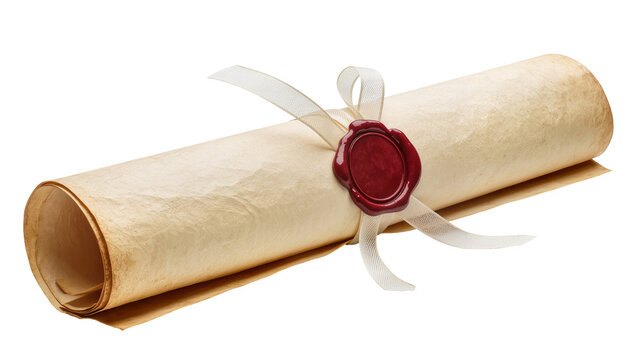 Rolled parchment scroll sealed with red wax and ribbon, isolated on transparent background