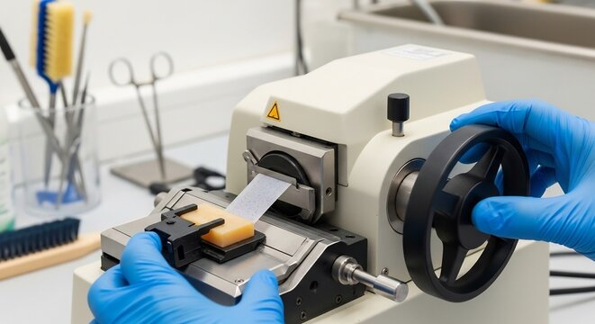 Close-up of a scientists gloved hands operating a microtome in a laboratory setting.