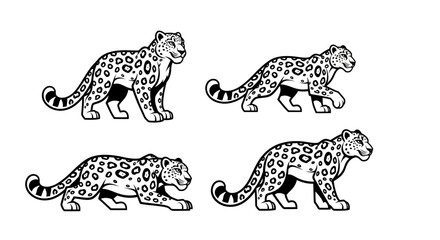 Fototapeta premium Four Snow Leopards in Various Poses Black and White Illustration.