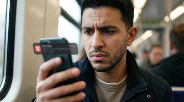 Arab young man reacting to suspicious smishing text