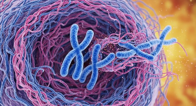 Microscopic View of Chromosomes Inside a Cell Nucleus.