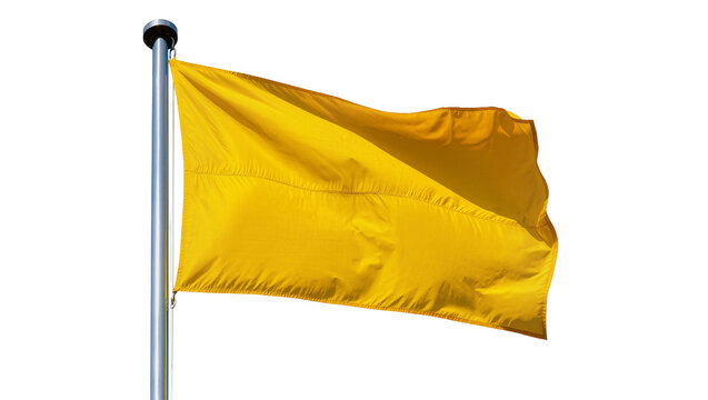 Bright yellow flag waving on a metal pole, isolated on transparent background