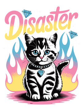 Airbrush illustration, word "DISASTER" and a kitten with diamonds shining on its collar, flames and sparkles in background, pink blue yellow pastels, 90s airbrushed style, gothic kitschy