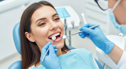 Fototapeta premium Female patient receiving dental examination in modern clinic, dentist using tools while seated in dental chair with bright lighting