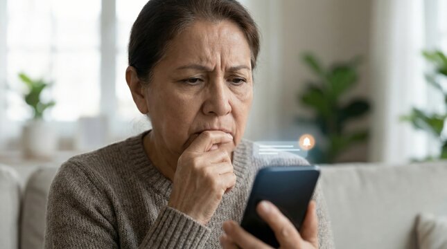Hispanic elderly woman reacting to suspicious smishing text