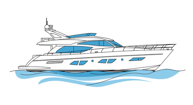 Large modern white luxury yacht with blue windows cruising on the ocean waves shown in a side profile illustration.