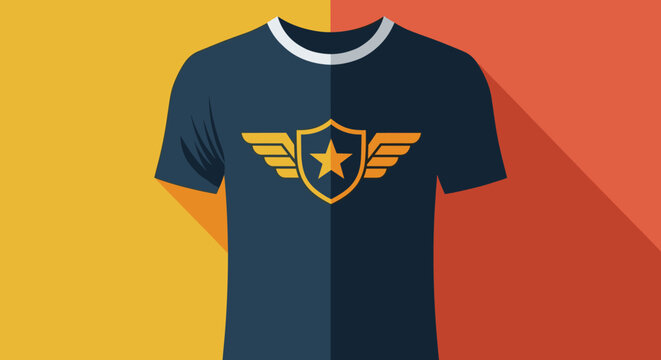 Dark blue t shirt template featuring a yellow shield icon with a star and wings, displayed against a split yellow and orange background.