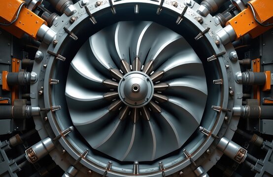Closeup of a large industrial turbine rotor with many blades. Complex machinery features metallic parts and orange accents. Powerful engineering and heavy industry context shown.