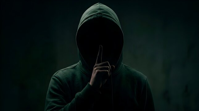 Mysterious person in a dark hoodie gesturing for silence with a finger over lips, symbolizing secrecy, anonymity, privacy, and hidden information against a dark moody background.