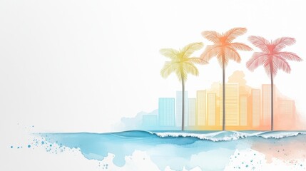 Obraz premium Summer watercolor art of a city beach, with colorful beach umbrellas and waves crashing.