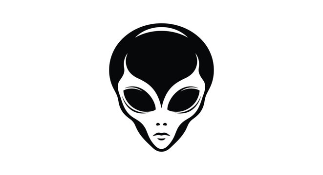 Classic grey alien head silhouette with large dark almond eyes, black and white minimalist design representing extraterrestrial life.