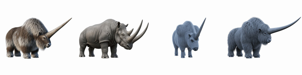 Obraz premium Collection of prehistoric woolly rhinoceros and modern rhino isolated