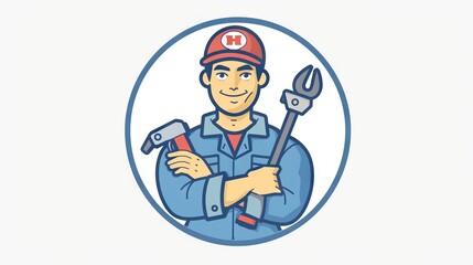 Fototapeta premium Mechanic character illustration holding tools against a white background with radial frame.