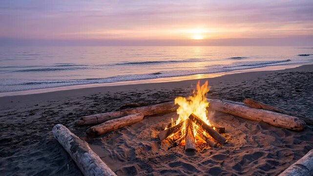 beach bonfire at sunset with driftwood on sandy shore