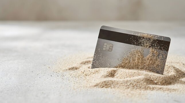 Credit card partially buried in sand symbolizing financial loss debt crisis overspending risk and digital payment vulnerability concept