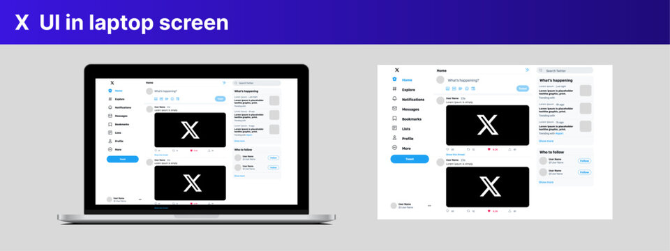 Twitter X UI in laptop screen. Twitter X user interface post template. Twitter X  mockup social media template.
