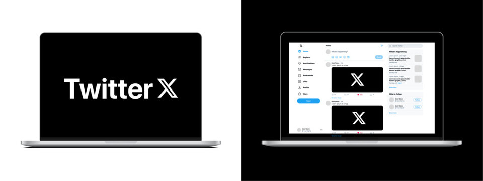 Twitter X UI in laptop screen. Twitter X user interface post template. Twitter X  mockup social media template.