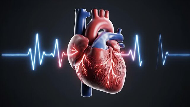 Detailed CGI Medical Visualization of a Healthy Human Heart with Blue Veins and Red Arteries on a Dark Background Ideal for Educational and Healthcare Presentations Showing Vital Cardiovascular