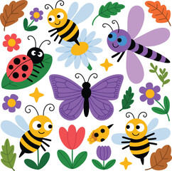 Fototapeta premium Colorful illustration of insects and flowers vector.
