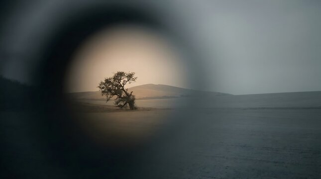 Lone tree viewed through dark vignette frame symbolizing focus clarity vision isolation and targeted thinking concept