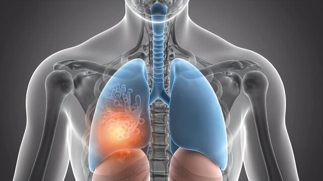Detailed CGI of Human Lungs and Bronchial Tree with Inflamed Alveoli Representing Respiratory Illness on a Dark Medical Background for Educational and Scientific Presentations