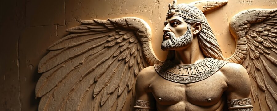 Ancient Mesopotamian winged demigod relief. Detailed bas-relief sculpture features Gilgamesh wearing crown and ornate collar. Textured wall background provides copy space.