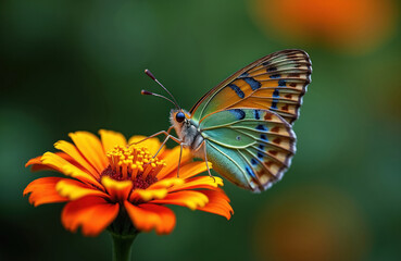 Naklejka premium Green and orange butterfly rests on yellow orange flower center. Insect rests on petal in summer garden. Detailed macro shot shows insect wings and body.