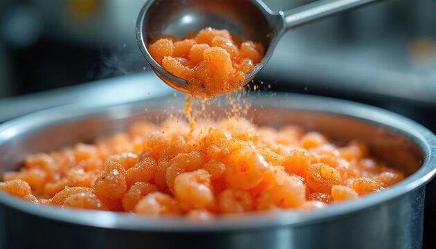 Small orange shrimp bodies are scooped from a metal pot. The seafood is being prepared for culinary use. Cooked crustaceans steam in a large industrial kitchen.