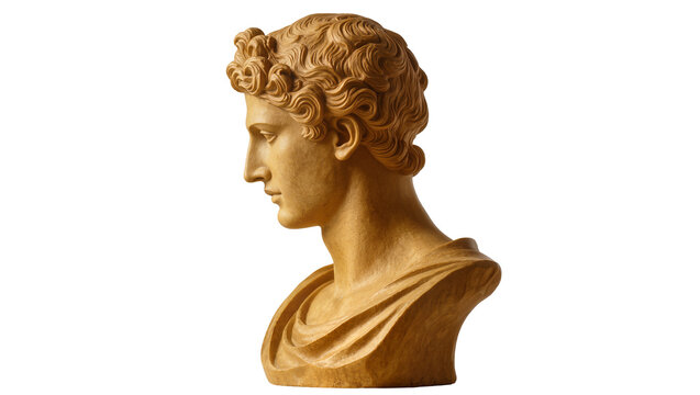 Classical Greek marble bust sculpture of a young man with curly hair, isolated on transparent background