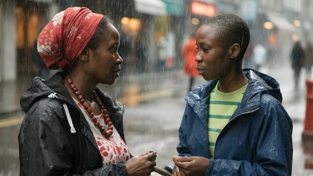 Medium shot of an urban street vendor discussing loan terms with a microfinance officer highlighting personal connection with an indistinct city crowd behind.
