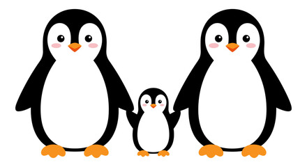 Naklejka premium Cute penguin family vector illustration, happy penguin parents with baby chick, cartoon arctic bird characters for nursery decor and greeting cards