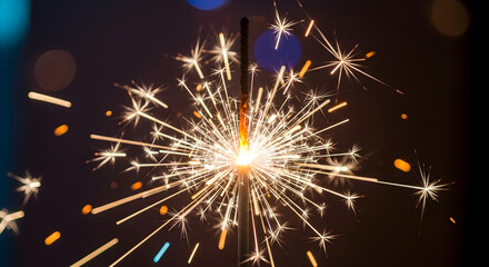 Fototapeta premium A sparkler explodes in a dark night with yellow sparks flying everywhere