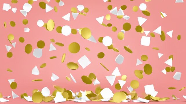 Golden and White Confetti Falling on Pink Background Celebration.