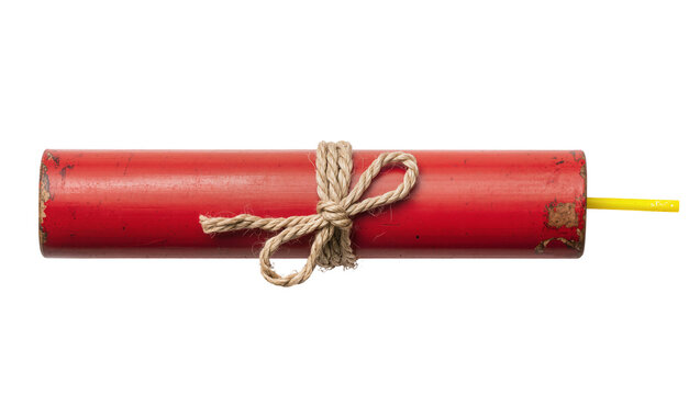 Red dynamite stick with twine and yellow fuse, isolated on transparent background