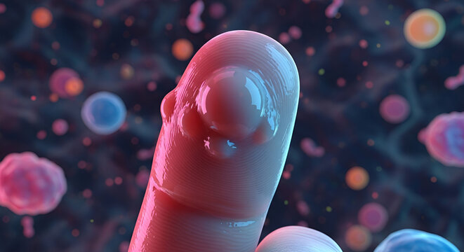 Microscopic medical illustration of a common wart on finger