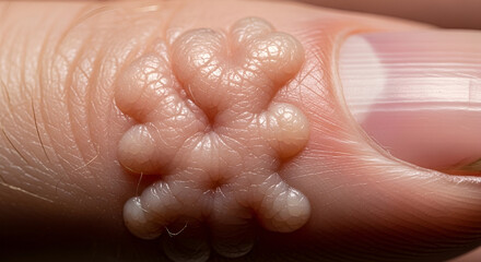 Fototapeta premium Macro view of a common viral wart on finger skin