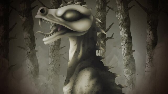 reptilian alien chupacabra creature walking through misty forest