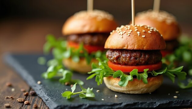 Three mini burgers with sesame seed buns, fresh greens rest on dark slate plate. Savory beef patties are layered with tomato slices, tender lettuce. Appetizers look delicious, ready for party or meal.