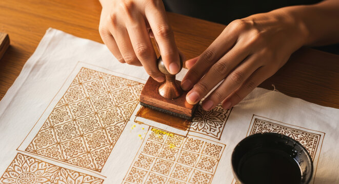 Batik Stamping Process Hands Using Traditional Wooden Block on White Fabric